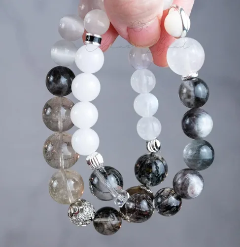 Miniatura 195 de Precious Gemstone Natural Crystal Healing Bracelet, Rutilated Quartz, Moonstone, Quartz Handmade Original Design Bracelet