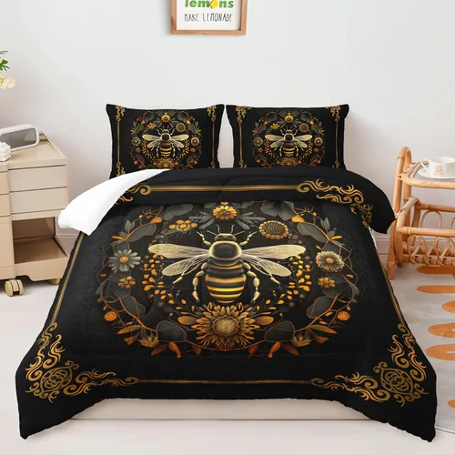 AILONEN Juego de edredón de abeja bohemia, tamaño Queen, juego de ropa de cama de lujo negro y dorado para niños, adolescentes y niñas, edredón