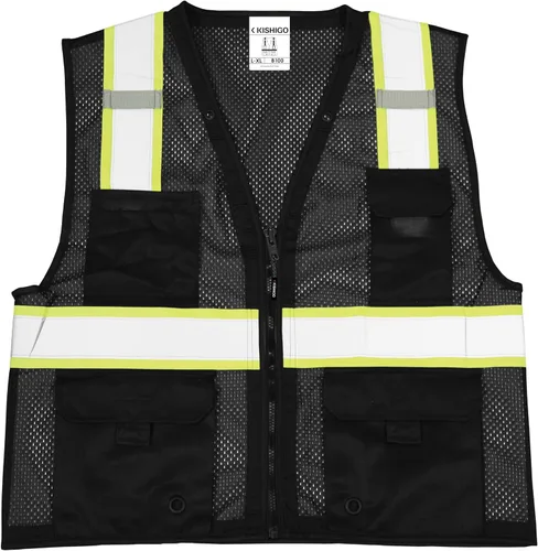 Miniatura 4 de Kishigo Black Enhanced Visibility Men's Vest B100, Multi Pocket Mesh Hi-Vis Vest, Ultra-Cool Polyester, 6 Pockets, Zipper Negro