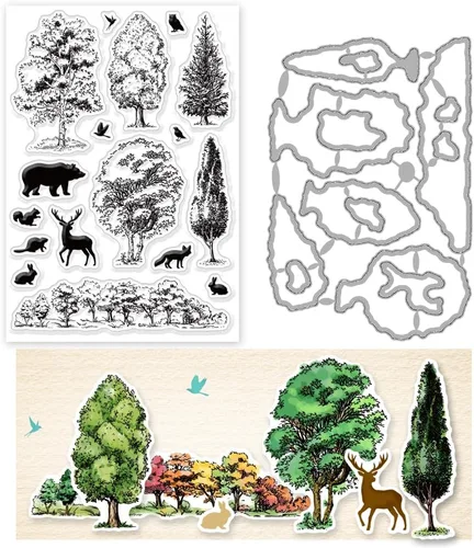 INFUNLY 2 piezas de troqueles de corte de animales y árboles y juego de sellos transparentes de silicona - sellos transparentes de oso, conejo,
