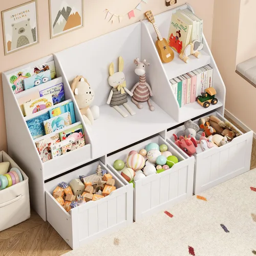 Miniatura 8 de Gizoon Organizador de almacenamiento de juguetes para niños con rincón de lectura, estantería para niños con 3 cajones móviles, rincón de lectura