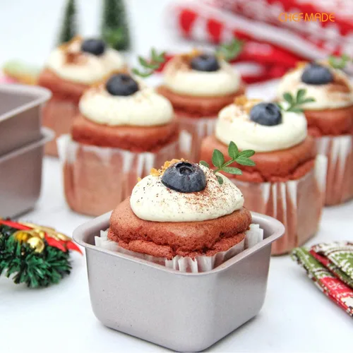 Miniatura 3 de CHEFMADE Juego de moldes para pasteles de brownie, 2.4 pulgadas, 4 unidades, antiadherentes, cuadrados, para magdalenas, para horno y hornear