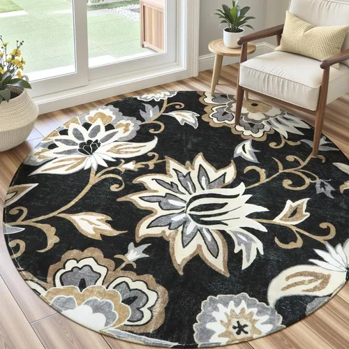 Miniatura 7 de Lahome - Tapete floral con estampado de cachemira, lavable, antideslizante, pequeño, anti-manchas, suave, para baño, entrada, dormitorio, Negro