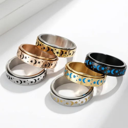 Miniatura 6 de ANIEJUFI Anillo giratorio de acero inoxidable luminoso resplandor luna y estrella, alivio del estrés, anillos de ansiedad para mujeres, hombres