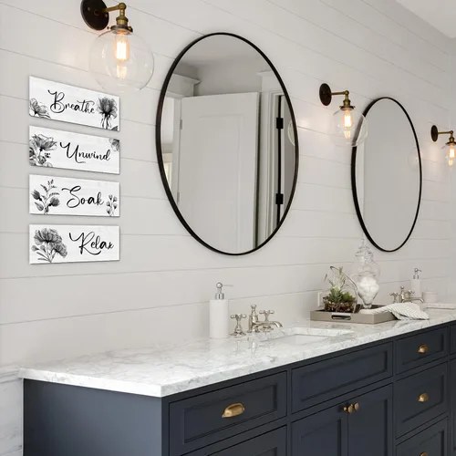 Miniatura 4 de 4 Piezas de Arte de Pared para Baño Decoración Rústica de Casa de Campo Letrero de Relajarse, Remojarse, Desconectar y Respirar Letrero de Madera