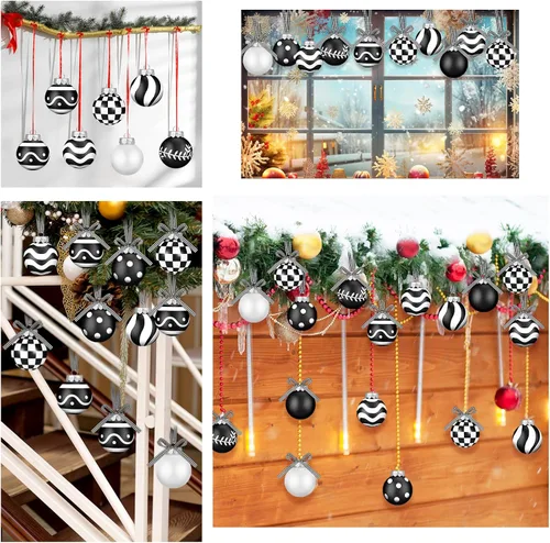 Miniatura 6 de Chuangdi 24 piezas Adornos de bola de Navidad para árbol, decoraciones de árbol de Navidad en negro y blanco, adornos modernos de bola colgante