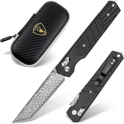 AUBEY Damascus Axis Lock - Cuchillo de bolsillo con bloqueo de barra transversal de 3.46 pulgadas, cuchillos plegables con clip para hombres y Mango