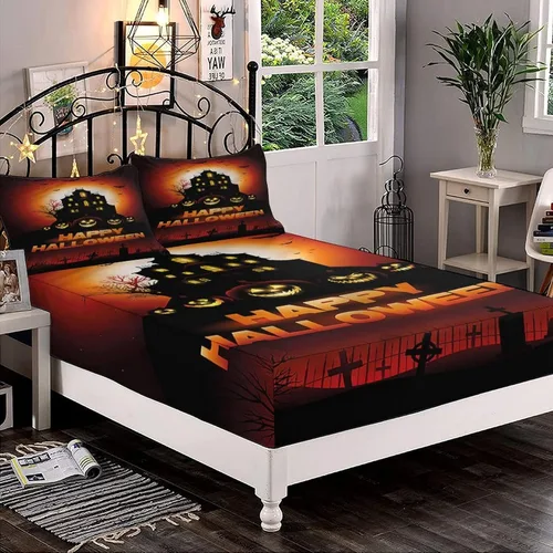 Miniatura 23 de XISUNYA Juego de sábanas decorativas tamaño Queen, juego de sábanas bajeras y 2 fundas de almohada con bolsillos profundos de Halloween