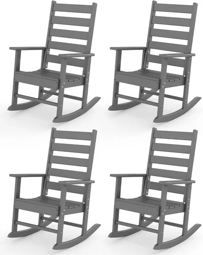 Miniatura 23 de GREENVINES Juego de 2 sillas mecedoras para exteriores Plástico HDPE Mecedoras de patio Silla mecedora de porche Coctelera De gran