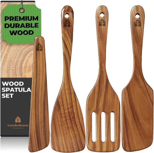 Espátula de madera para cocinar, espátulas de teca para uso en la cocina, utensilios de cocina de madera, juego de 4 incluyendo pala, espátula,