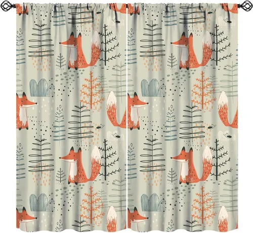 Miniatura 10 de Cortinas opacas de dibujos animados de animales de bosque naranja, zorro, flores, luna, hojas azules, arte abstracto, niños y niñas, decoración