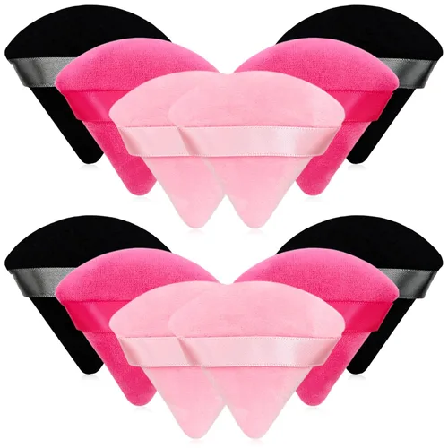 Miniatura 16 de 12 bolsas de polvo cosmético rosa, 2.76 pulgadas, portátil, suave, esponja, para la cara, soplo de terciopelo triangular con asa de cinta para polvo