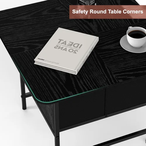 Miniatura 4 de Shinoske Mesa auxiliar cuadrada con cajón de almacenamiento, pequeñas mesas de centro negras para sala de estar, mesa central de granja de 2 niveles