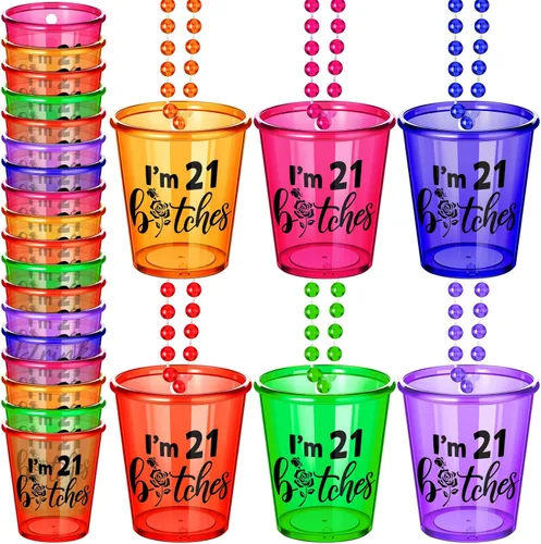 Miniatura 8 de Yinkin Paquete de 12 decoraciones de collar de vidrio de chupito para fiesta de 21 cumpleaños, suministros de fiesta de 21 cumpleaños, collar