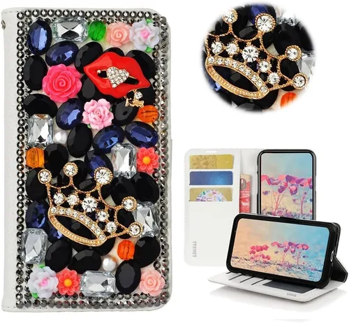 Miniatura 9 de Bling Wallet - Funda de piel compatible con iPhone 11, elegante, hecha a mano en 3D, diseño de mariposa, rosas, flores y diamantes de imitación