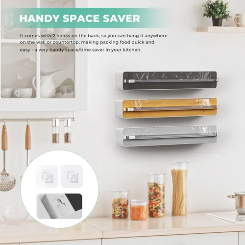 Miniatura 5 de Dispensador magnético de envoltura de plástico con cortador, práctico organizador de papel de aluminio recargable y envoltura de plástico