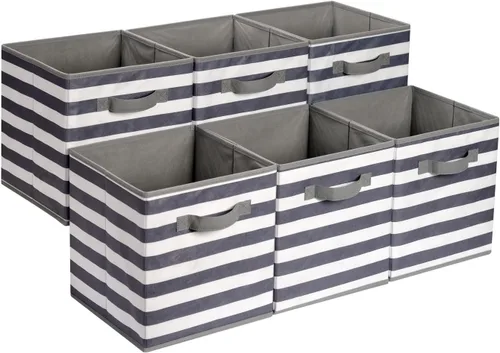 Amazon Basics Contenedores de Almacenamiento Organizadores de Cubo con Asas, Tela Plegable, Paquete de 6, 10.5"x10.5"x11", Blanco/Gris Claro con