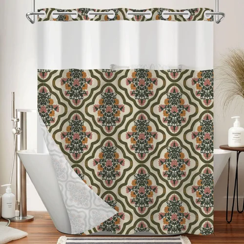 Miniatura 8 de No Hook Geometric Shower Curtain with Snap in Liner - 71″W x 74″L Waterproof Fabric with Mesh Top Window, Modern Abstract Triangle Design Bath