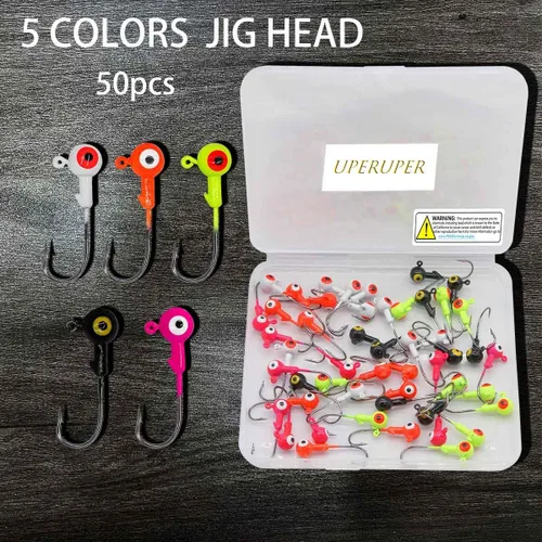 Miniatura 6 de Juego de 50 ganchos de cabeza de plantilla de pesca, plantillas de pesca de bola redonda con ojos 3D, ganchos de acero al carbono para señuelos