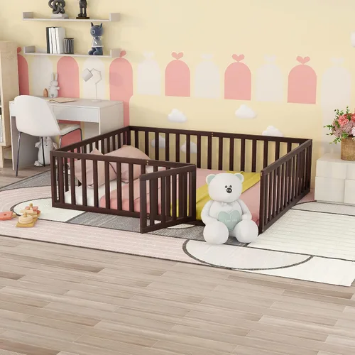 Miniatura 15 de MERITLINE Base de cama de tamaño individual para niños, cama de madera para niños con valla, cama Montessori con puerta, para niños mayores de 6