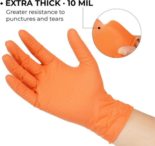 Miniatura 4 de Guantes de Nitrilo 10 mil Naranja Grande, 100 unidades, Sin Polvo, Antideslizantes, Diamante, Extra Gruesos, Sin Látex