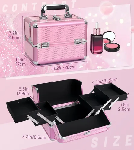 Miniatura 2 de Estuche de tren de maquillaje, estuche organizador de cosméticos, caja de maquillaje portátil, estuche de viaje para artistas de maquillaje con 4