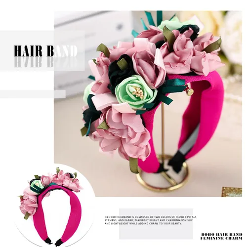 Miniatura 2 de Diademas anchas bohemias con flores rosas, antideslizantes, hechas a mano, para mujer, para el cabello, festivales, bailes, fiestas (rosa)