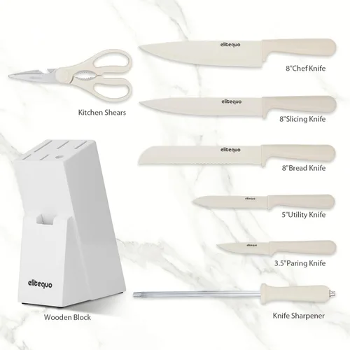 Miniatura 2 de Juego de 8 cuchillos de cocina con afilador, apto para lavavajillas, acero inoxidable alemán con mango ergonómico antideslizante Beige
