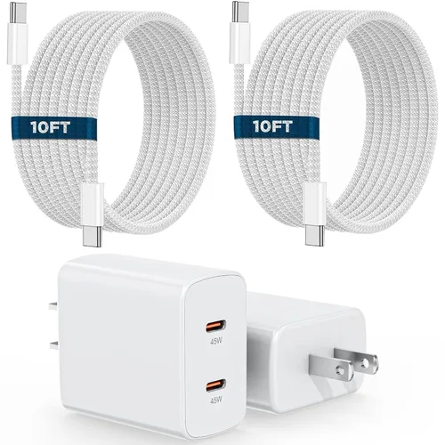 Cargador iPhone 16 15, paquete de 2 bloques de cargador PD USB C de carga rápida, enchufe de pared con cable de carga USB C a C de 3.05 m de largo,