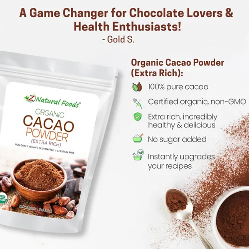 Miniatura 3 de Z Natural Foods Cacao Orgánico en Polvo - Superalimento Denso en Nutrientes y Sin Azúcar para un Envejecimiento Saludable - Sabor Extra-Rico a