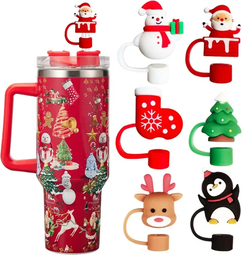 6 piezas de cubiertas de pajita para taza Stanley de Navidad, tapa de pajita de silicona para vaso Stanley de 30 y 40 oz con asa, cubiertas de punta