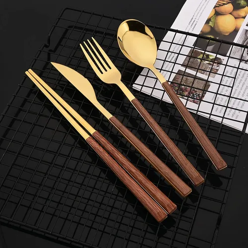 Miniatura 3 de JASHII Juego de cubiertos reutilizables de 24 piezas, acero inoxidable dorado, tenedor, cuchara, palillo y mango cuadrado de madera, servicio