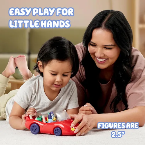 Miniatura 8 de Bluey Figura (2.5 pulgadas) y juego de vehículo convertible de escape, robusto auto de juguete para niños con 4 accesorios y calcomanías, juguetes