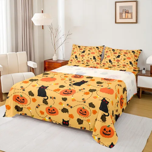 Miniatura 16 de Juego de sábanas de fantasma de Halloween, tamaño individual, sábanas bajeras de bruja de calabaza de caramelo de dibujos animados, juego de ropa