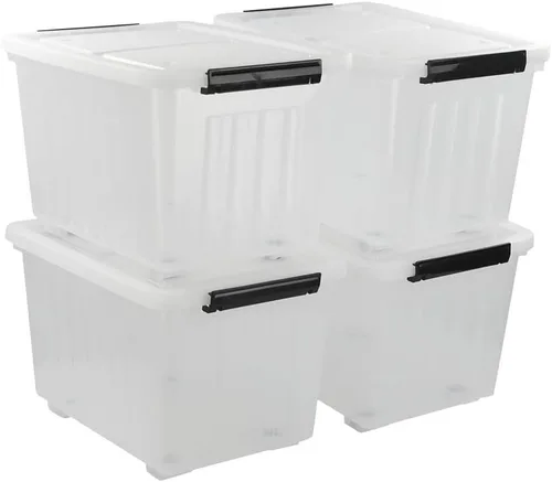 Asking Paquete de 4 cajas de almacenamiento de plástico transparentes grandes de 50 L, contenedores de almacenamiento de plástico con ruedas