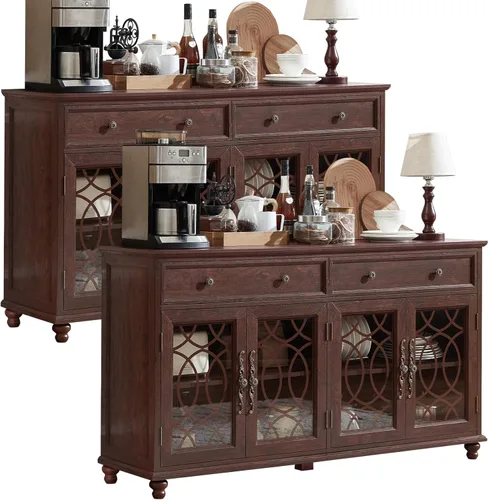 Miniatura 22 de Joaxswe Aparador de estilo rústico con almacenamiento, credenza grande de 59 pulgadas con 4 puertas de vidrio y 2 cajones, estantes ajustables, mesa