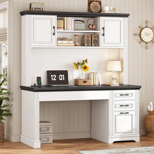 Miniatura 3 de SEDETA Escritorio para computadora estilo granja con estantería superior y 3 cajones, escritorio de oficina ejecutivo de 47.2" con cajones de Blanco