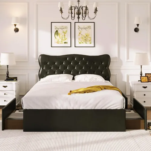 Miniatura 17 de Cama de plataforma tapizada de tamaño individual con barandilla, cabecera de almacenamiento y estribo, para niños, adolescentes y adultos, uso
