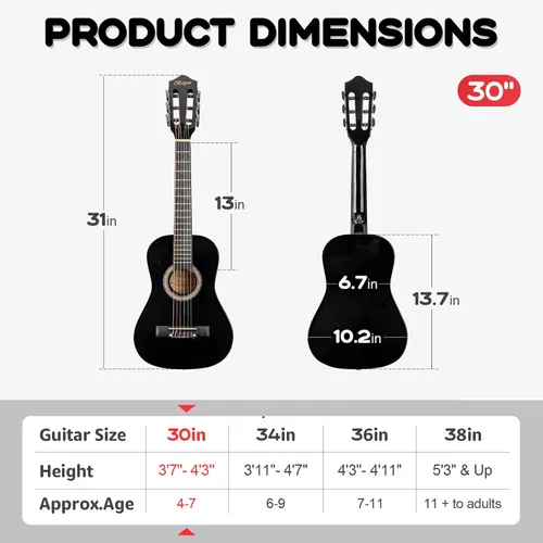 Miniatura 2 de Guitarra Acústica Negra para Principiantes de 30 pulgadas, Paquete de Inicio, Guitarra para Estudiantes/Niños con Funda, Correa, 2 Púas, Cuerdas