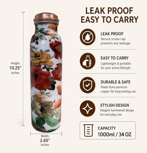Miniatura 2 de Botella de agua de cobre puro – Hecho a mano – Beneficios para la salud Ayurveda – Grande 34 oz – A prueba de fugas – Fácil de llevar para deportes