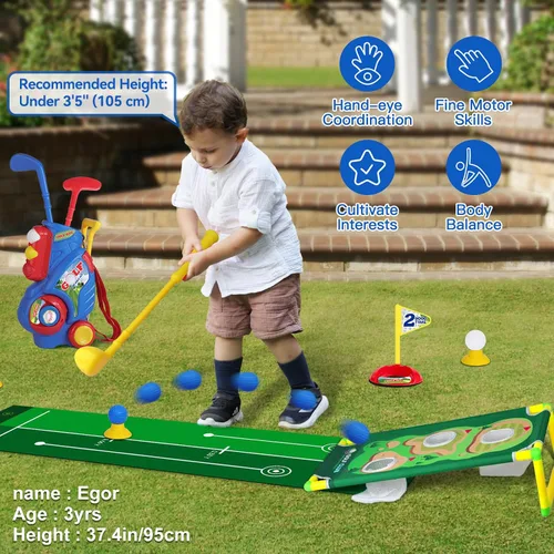 Miniatura 5 de Juego de Golf para Niños Pequeños para Niños y Niñas de 2 3 4 5 Años, Carrito de Golf Mejorado para Niños con Alfombrilla de Putting y Tablero