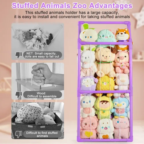 Miniatura 7 de Basumee Almacenamiento de animales de peluche, zoológico, para niños, con dos correas de arco iris, tubo de PVC, organizador de almacenamiento