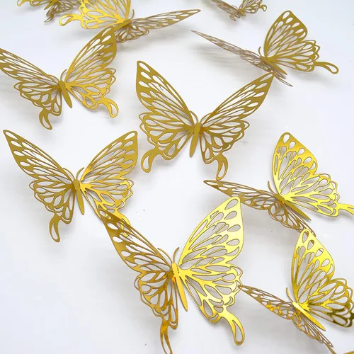 Miniatura 6 de Calcomanías de pared 3D con diseño de mariposa, 24 unidades, 3 tamaños, removibles, doradas, mariposas, decoración de fiestas, calcomanías de pared