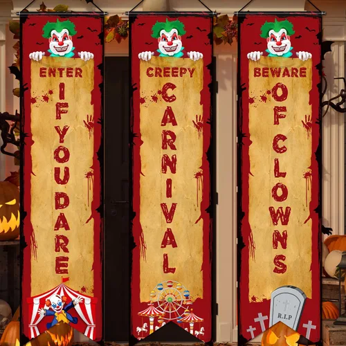 3 piezas de decoraciones de fiesta de carnaval para Halloween, cartel de circo malvado para porche, letrero de bienvenida espeluznante y aterrador