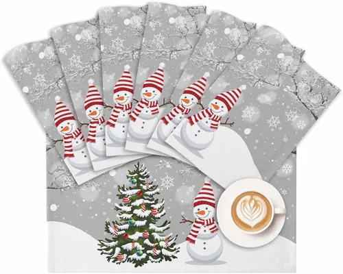 Miniatura 9 de Juego de 6 manteles individuales de Navidad, muñeco de nieve, copo de nieve, árbol de Navidad, resistentes al calor, para mesa de comedor, lino