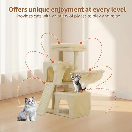 Miniatura 5 de Árbol para gatos de 35.8 pulgadas con cama doble para gatos y hamaca, rascador de felpa con plataforma cómoda para dormir y pelota de juguete