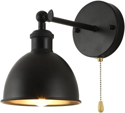 Lámpara de pared negra vintage, 1 interruptor de luz, lámpara de pared industrial con cadena de tracción para sala de estar, dormitorio, baño,