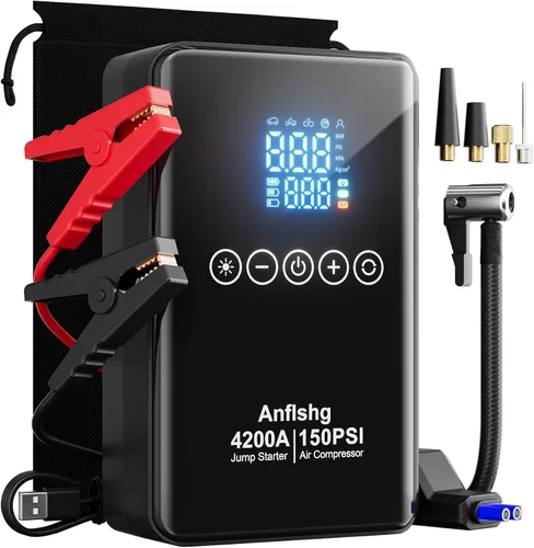 Arrancador de Batería Portátil para Coche con Compresor de Aire, Caja de Arranque 4200 A 150 PSI (Todo Gas/8 L de Diésel), Paquete de Arranque de 12