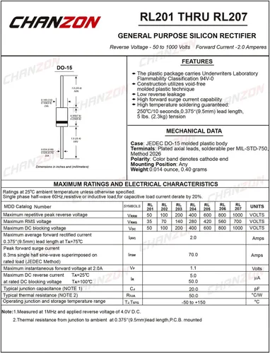 Miniatura 2 de Paquete de 100 piezas Chanzon RL207 Diodo rectificador 2A 1000V DO-15 (DO-204AC) Axial 2 Amp 1000 voltios Diodos de silicio electrónico