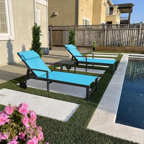 Miniatura 15 de PURPLE LEAF Juego de sillas de lounge al aire libre de gran tamaño de 3 piezas para patio, tumbona para piscina, estructura de aluminio con mesa